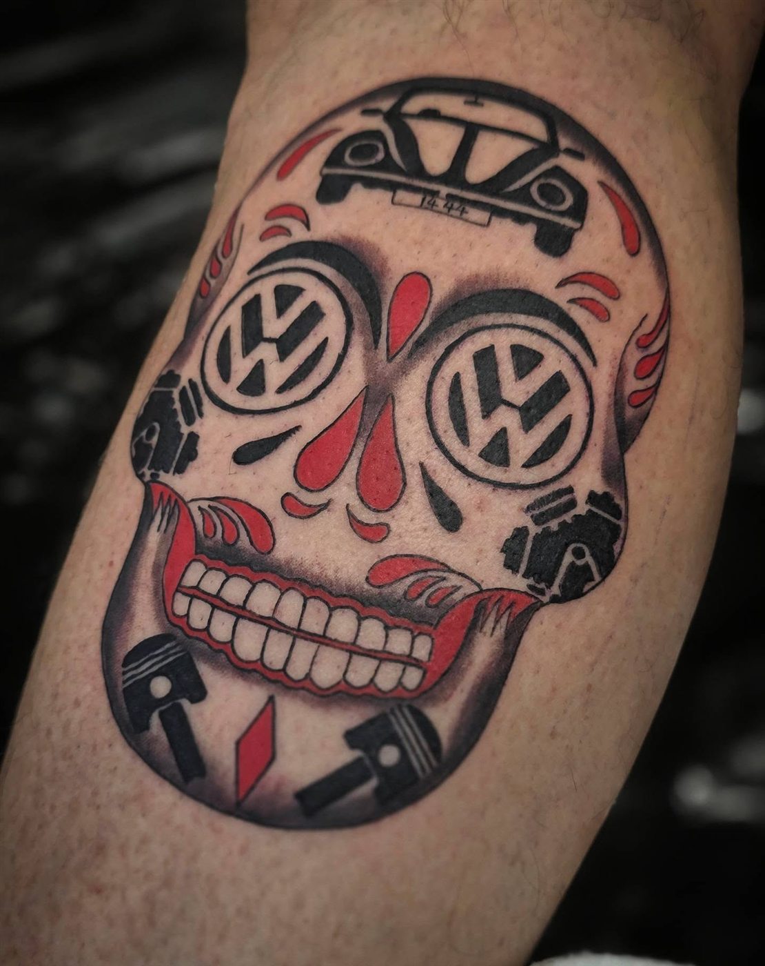 Colour sugar skull tattoo with VW badges
